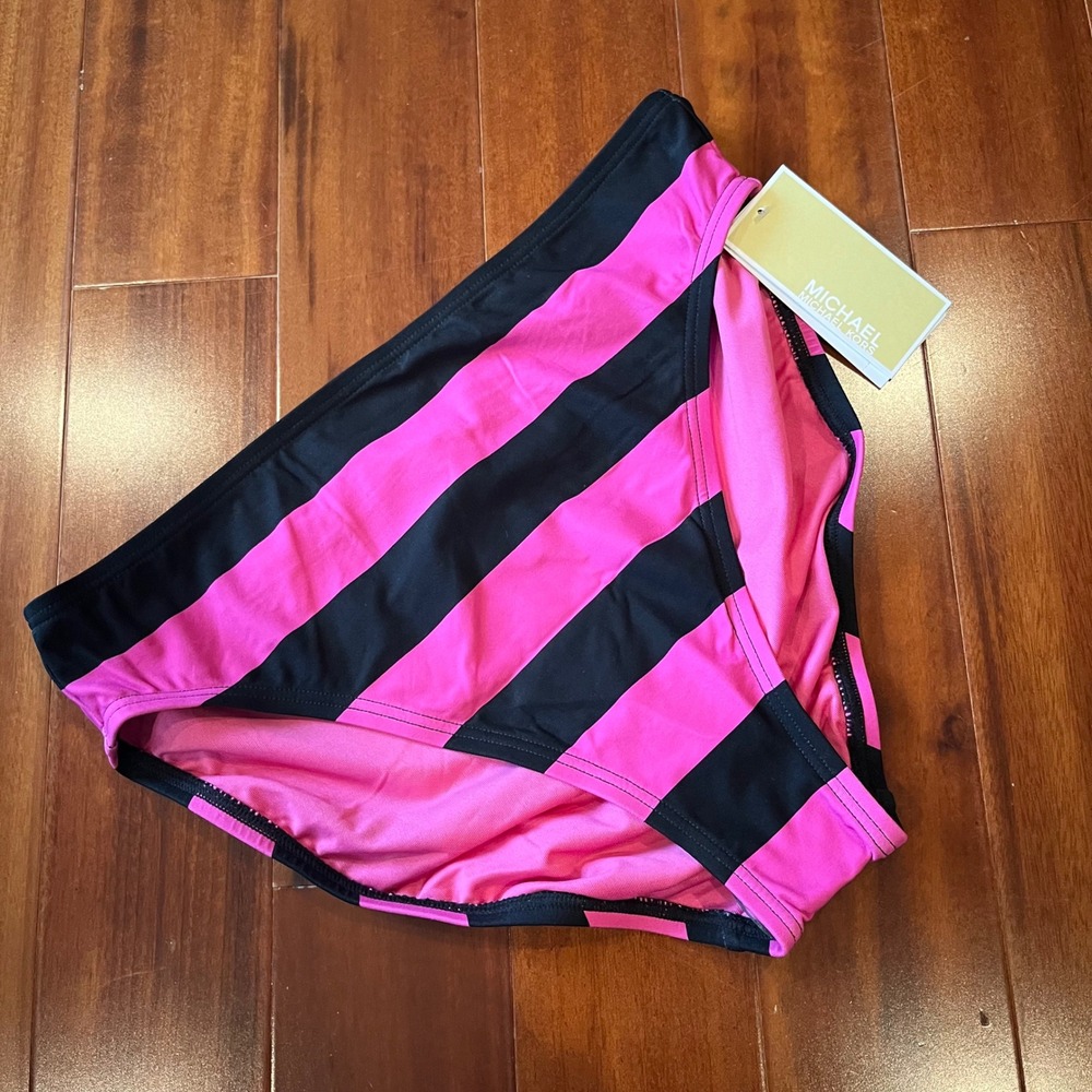 Michael Kors‎ Stripe Bikini Bottom Swim Pink Black Beach Resort New Size Large